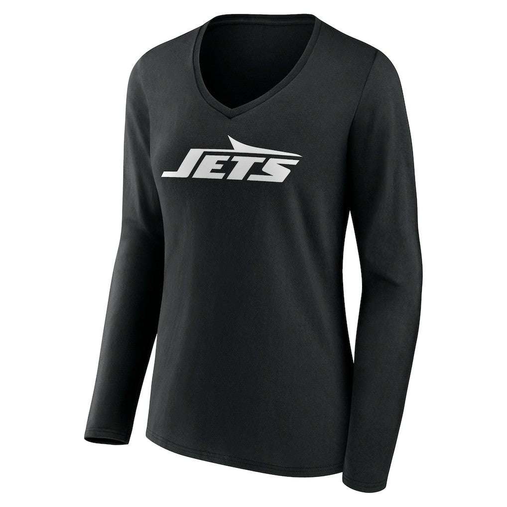 New York Jets Women's Primary Team Logo Long Sleeve V-Neck T-Shirt Black | NFL