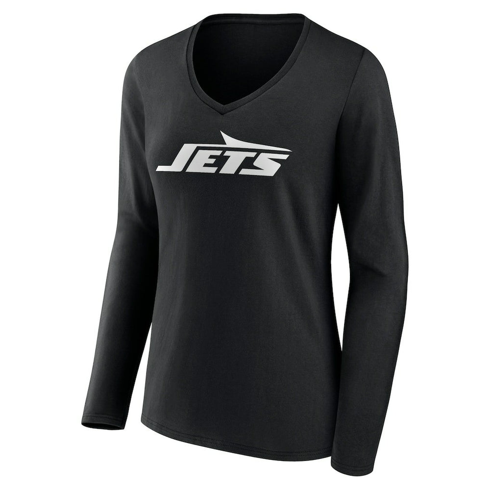 New York Jets Women's Primary Team Logo Long Sleeve V-Neck T-Shirt Black | NFL