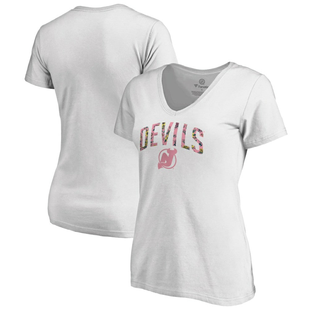 New Jersey Devils Women's Floral Arched V-Neck T-Shirt - White - NHL