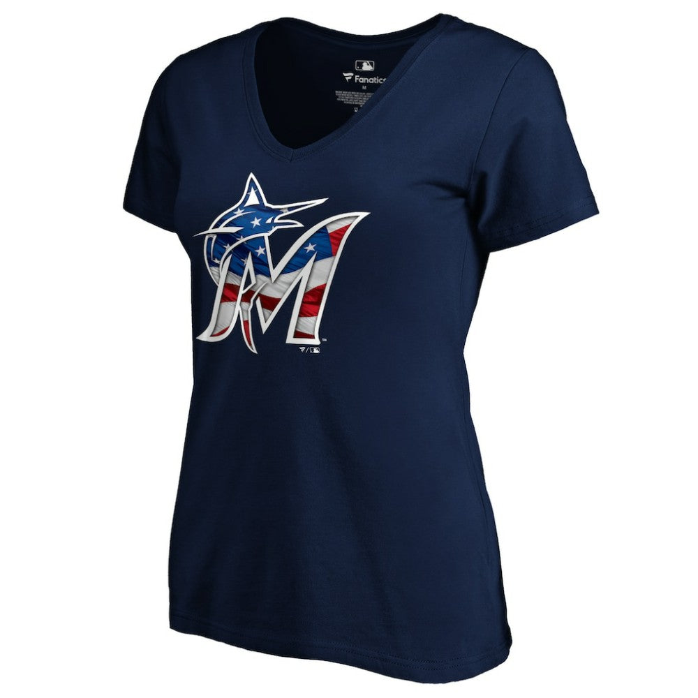Miami Marlins Logo Women's Banner Wave V-Neck T-Shirt - MLB