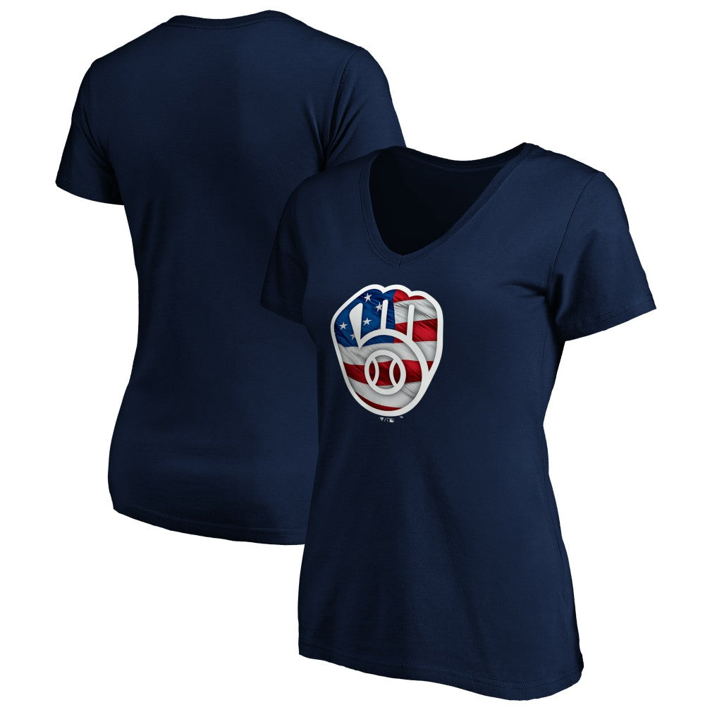 Milwaukee Brewers Logo Women's Banner Wave V-Neck T-Shirt - MLB