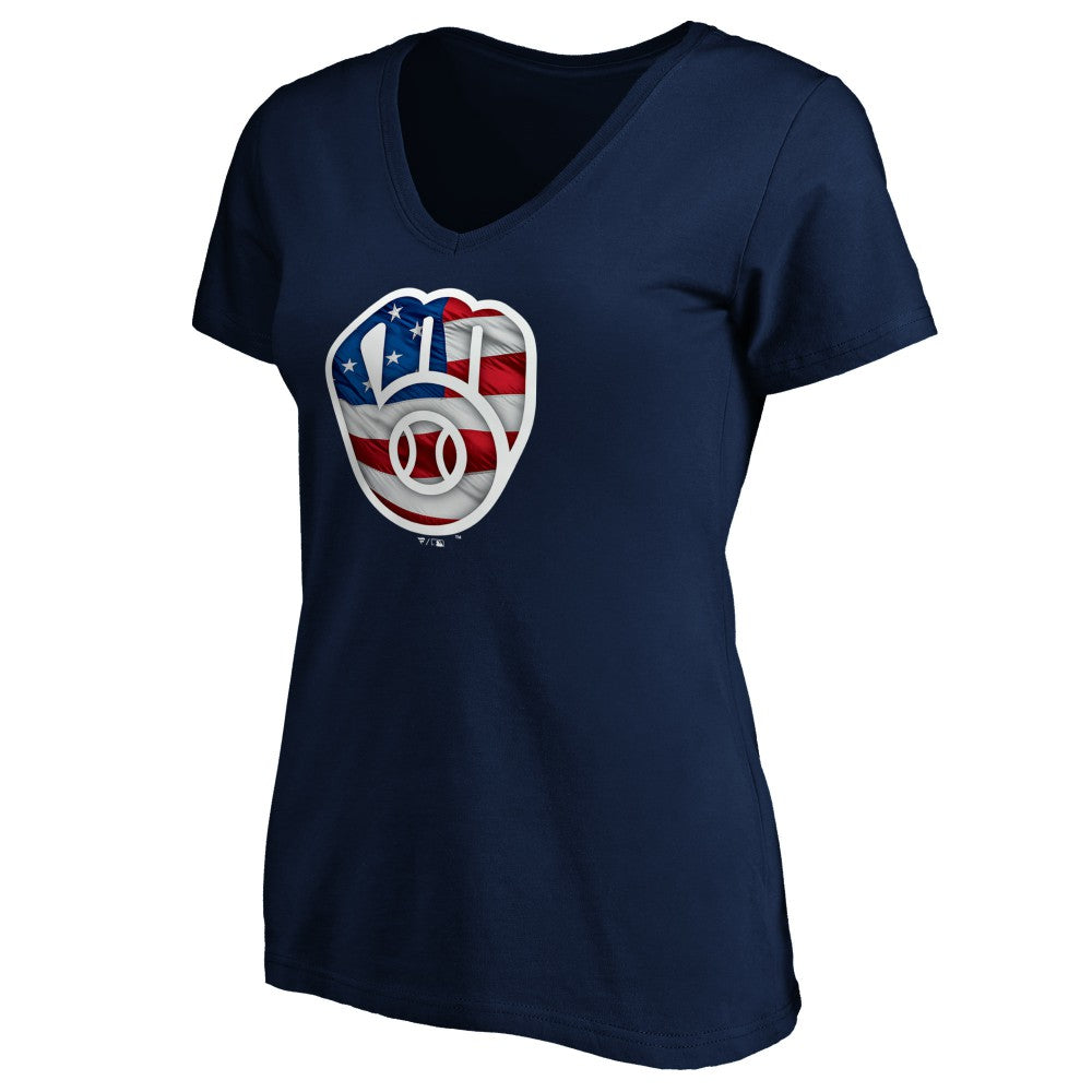 Milwaukee Brewers Logo Women's Banner Wave V-Neck T-Shirt - MLB