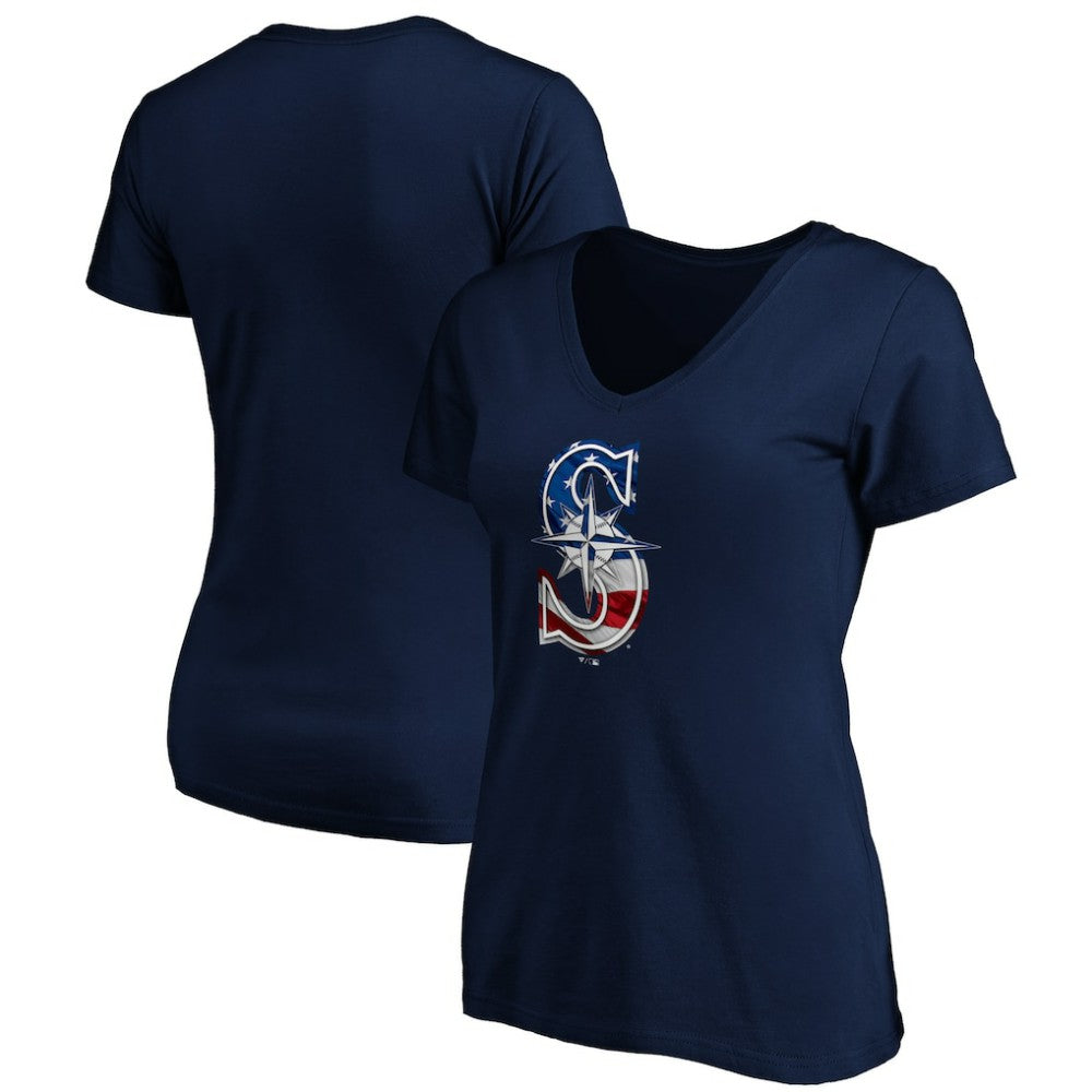 Seattle Mariners Logo Women's Banner Wave V-Neck T-Shirt - MLB