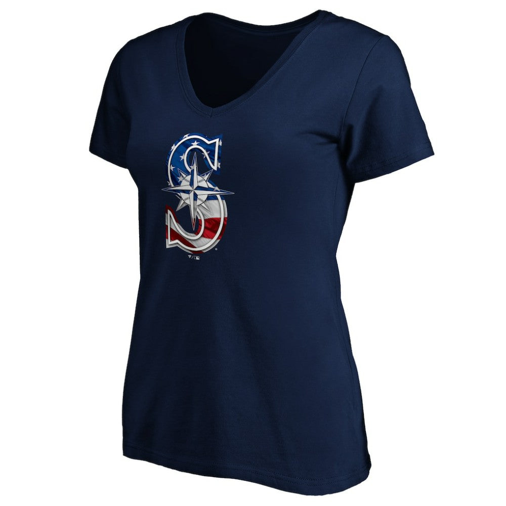Seattle Mariners Logo Women's Banner Wave V-Neck T-Shirt - MLB