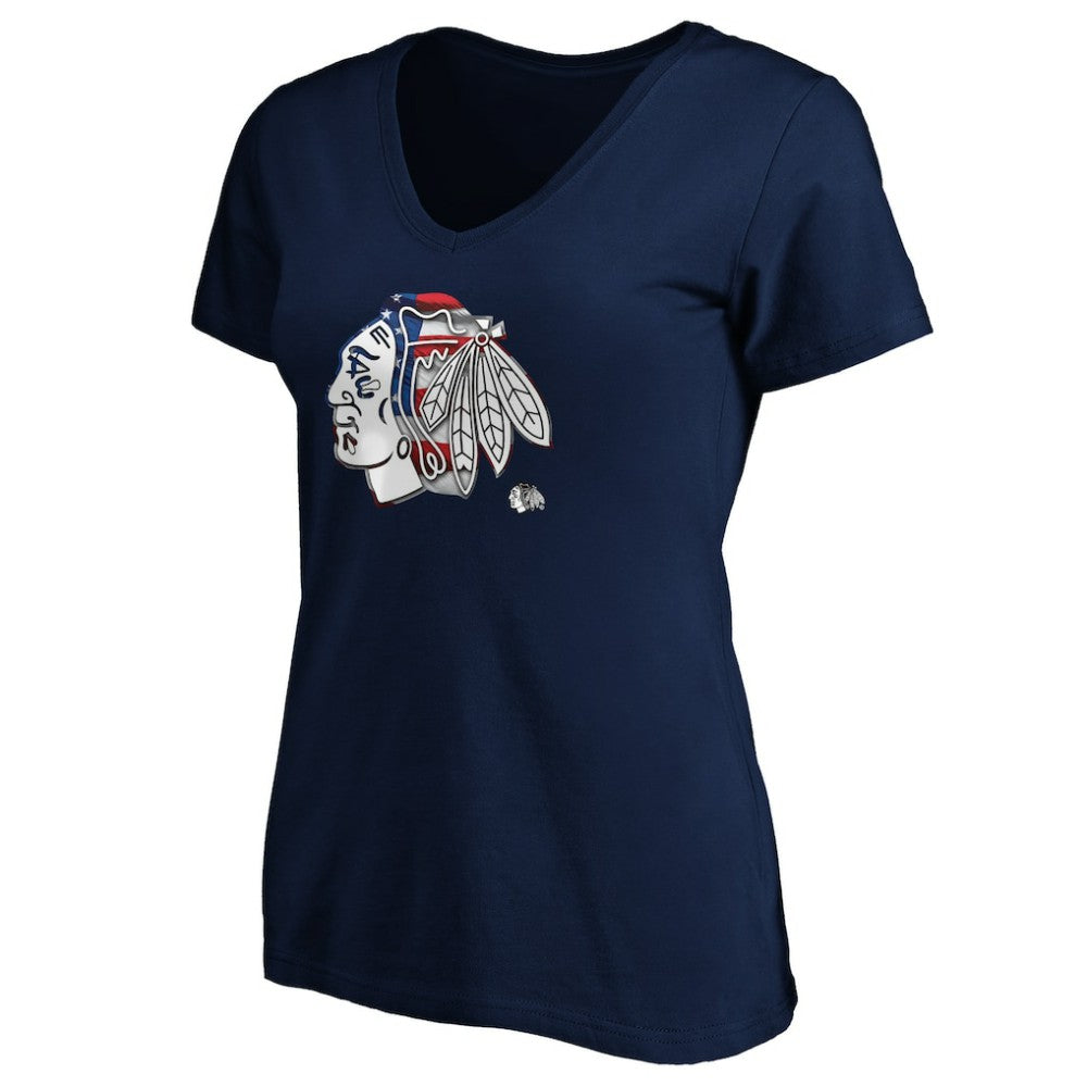 Chicago Blackhawks Women's Banner Wave Logo V-Neck T-Shirt T-Shirt - Navy - NHL