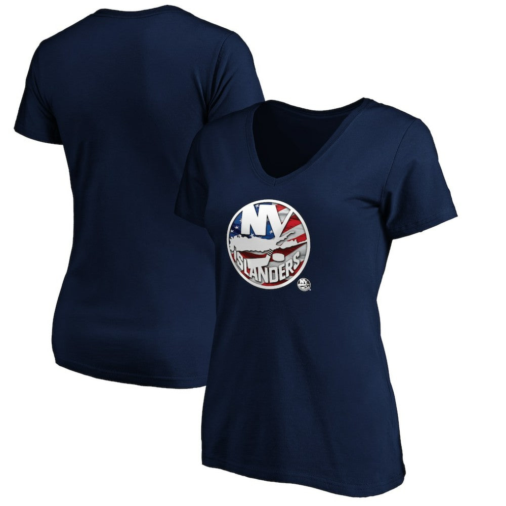 New York Islanders Women's Banner Wave Logo V-Neck T-Shirt T-Shirt - Navy - NHL