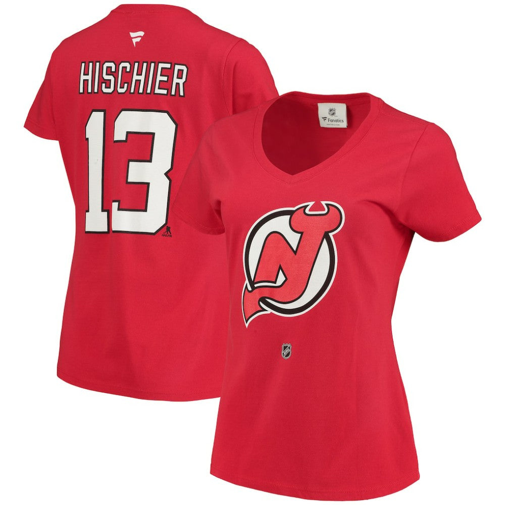 Nico Hischier New Jersey Devils Fanatics Women's Name & Number Logo V-Neck T-Shirt - Red - NHL
