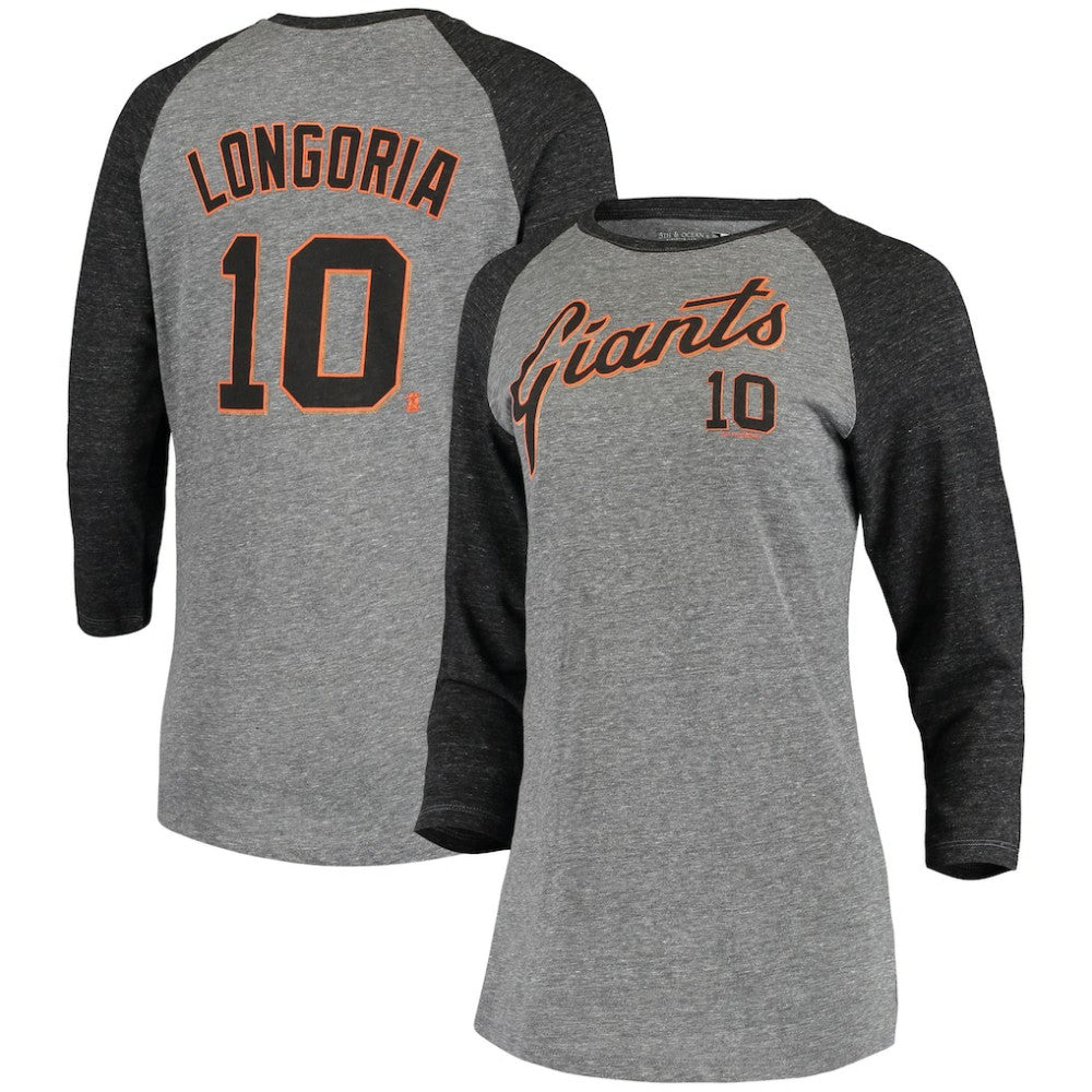 Evan Longoria San Francisco Giants 5th & Ocean by New Era Women's Script Name & Number Raglan Tri-Blend 3/4-Sleeve T-Shirt - MLB