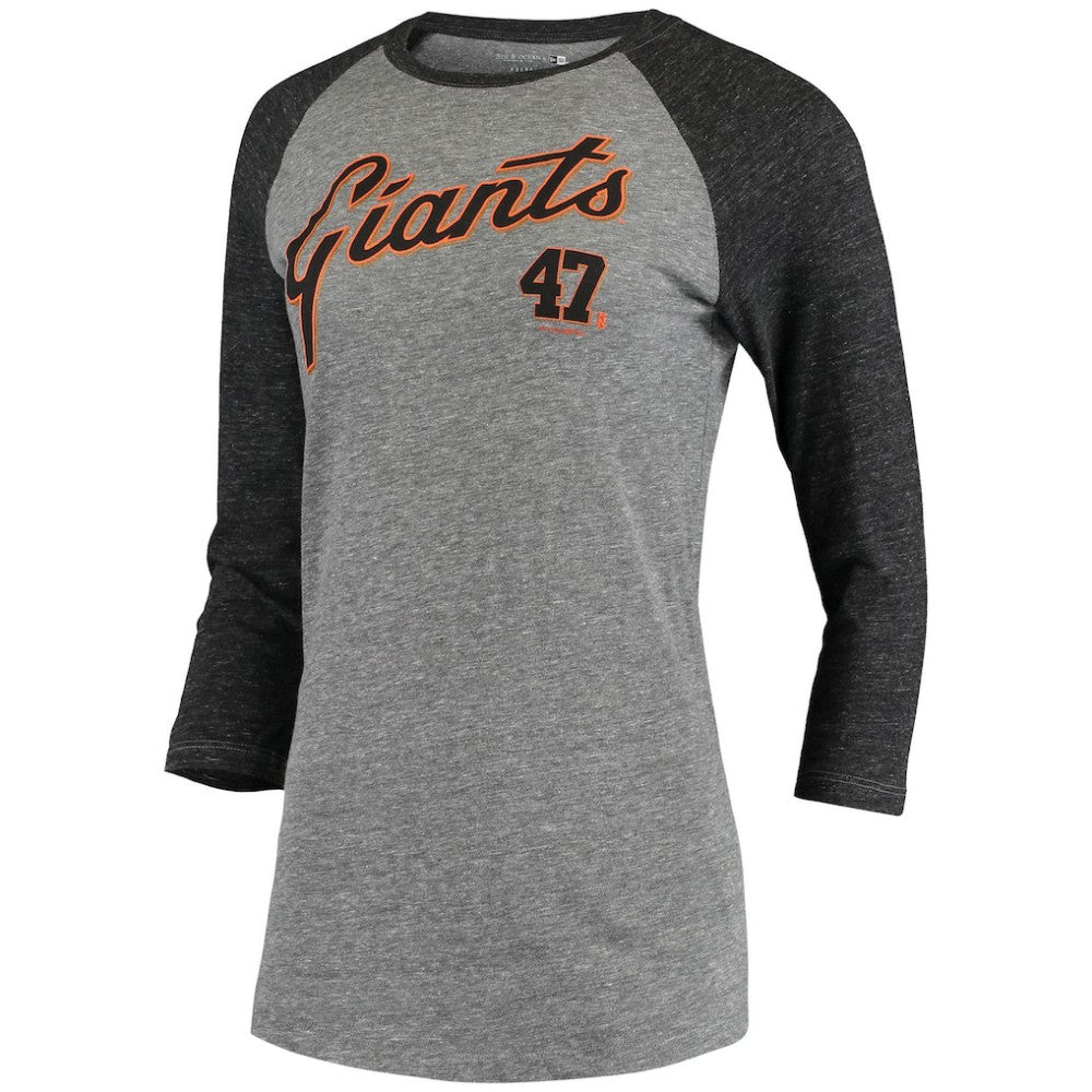Johnny Cueto San Francisco Giants 5th & Ocean by New Era Women's Script Name & Number Raglan Tri-Blend 3/4-Sleeve T-Shirt - MLB