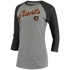 Johnny Cueto San Francisco Giants 5th & Ocean by New Era Women's Script Name & Number Raglan Tri-Blend 3/4-Sleeve T-Shirt - MLB