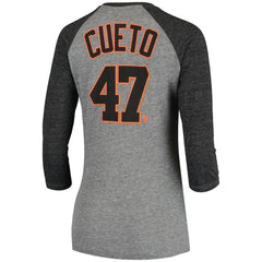 Johnny Cueto San Francisco Giants 5th & Ocean by New Era Women's Script Name & Number Raglan Tri-Blend 3/4-Sleeve T-Shirt - MLB