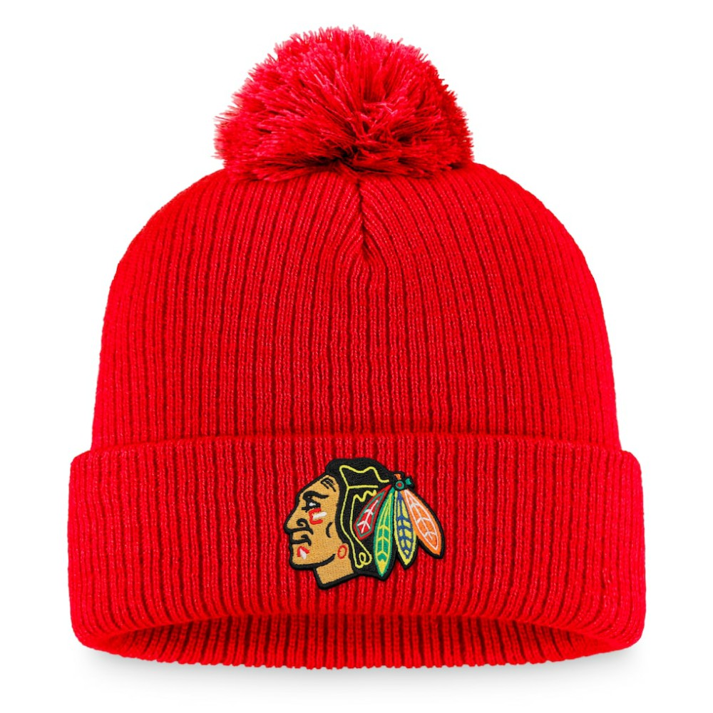 Chicago Blackhawks Fanatics Primary Logo Cuffed Knit Hat with Pom - Red - NHL