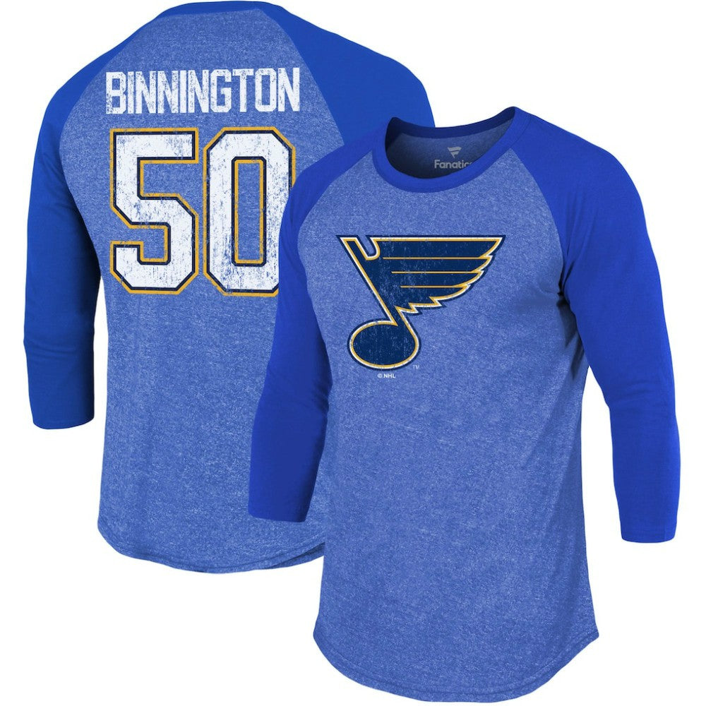 Jordan Binnington St. Louis Blues Fanatics Name & Number Tri-Blend Raglan 3/4-Sleeve T-Shirt - Blue - NHL