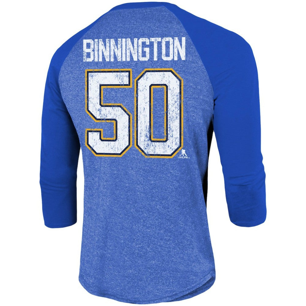 Jordan Binnington St. Louis Blues Fanatics Name & Number Tri-Blend Raglan 3/4-Sleeve T-Shirt - Blue - NHL