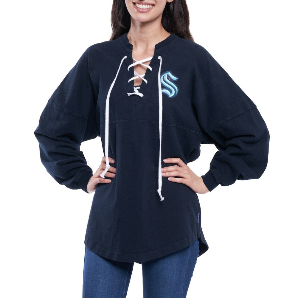 Seattle Kraken Fanatics Women's Lace Up Long Sleeve Spirit Top - Navy - NHL