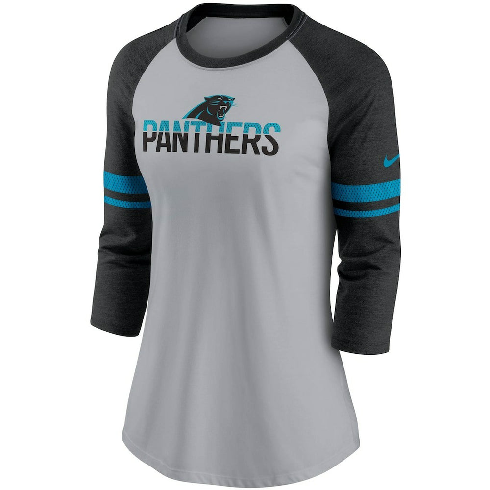 Carolina Panthers Women's Stripe Mesh Nickname Tri-Blend 3/4-Sleeve T-Shirt Heathered Gray/Black | Nike for Sale