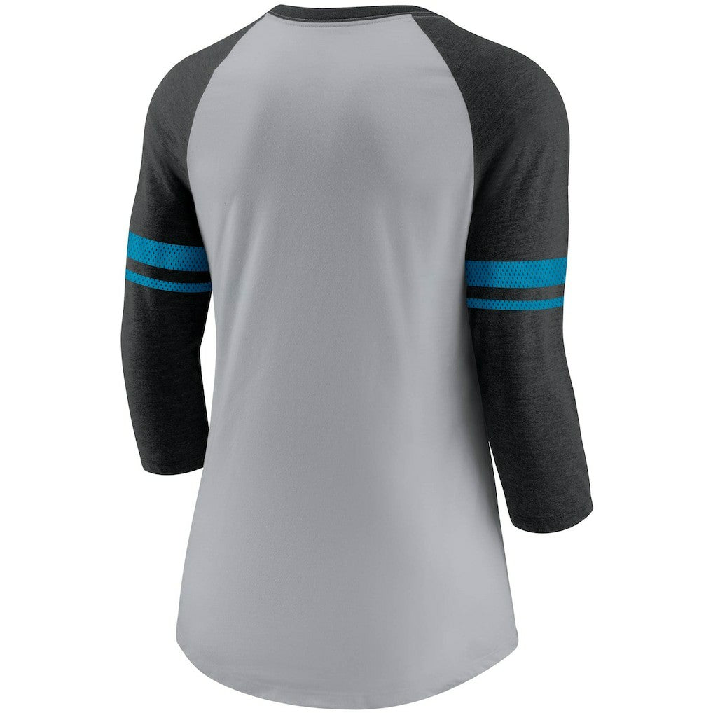 Carolina Panthers Women's Stripe Mesh Nickname Tri-Blend 3/4-Sleeve T-Shirt Heathered Gray/Black | Nike for Sale