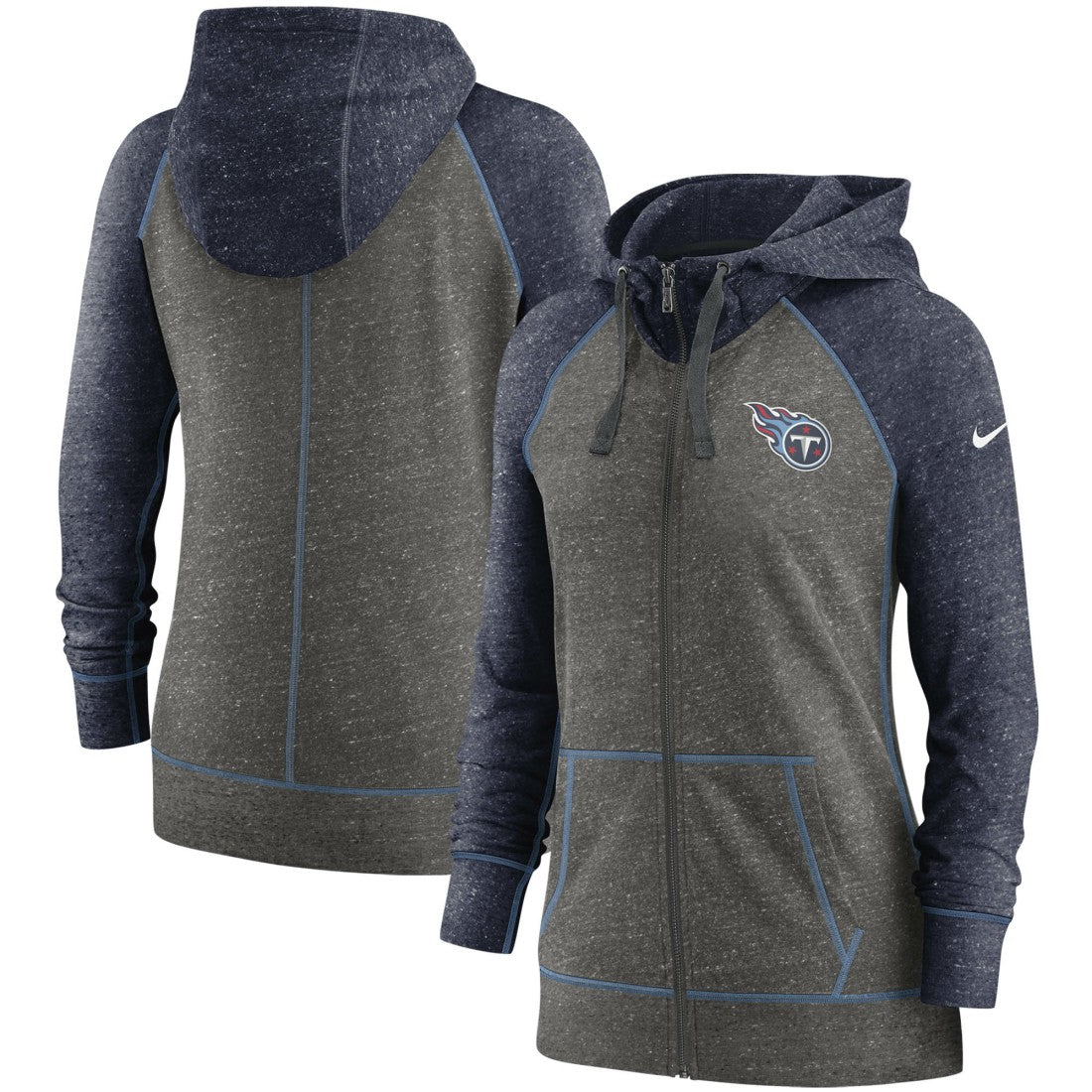 Tennessee Titans Women's Gym Vintage Raglan Full-Zip Hoodie Heathered Charcoal/Navy | Nike for Sale