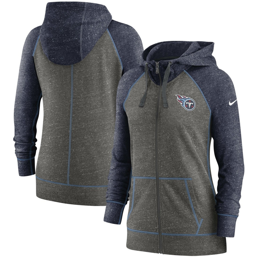 Tennessee Titans Women's Gym Vintage Raglan Full-Zip Hoodie Heathered Charcoal/Navy | Nike for Sale