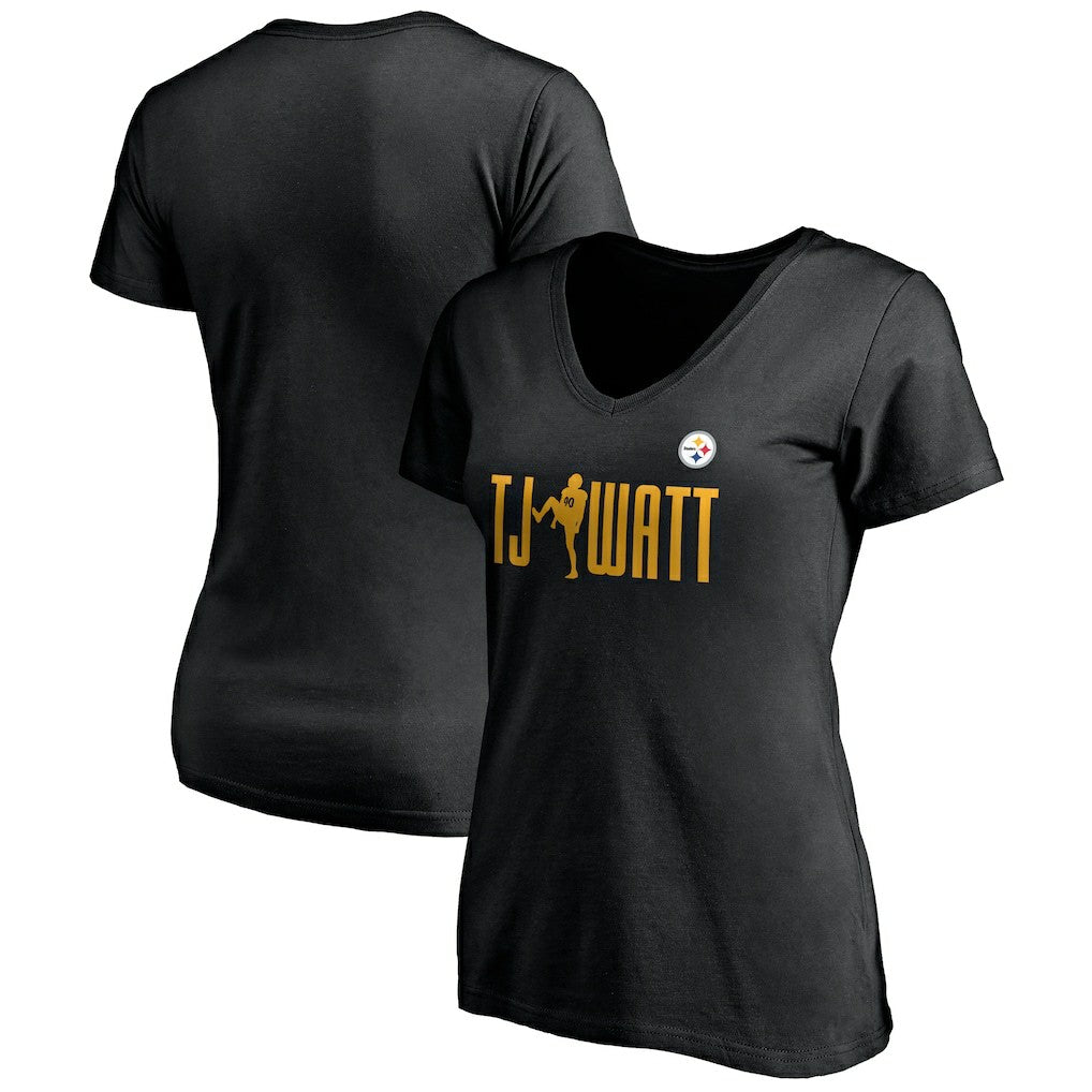 T.J. Watt Pittsburgh Steelers Women's Checkdown V-Neck T-Shirt Black | NFL