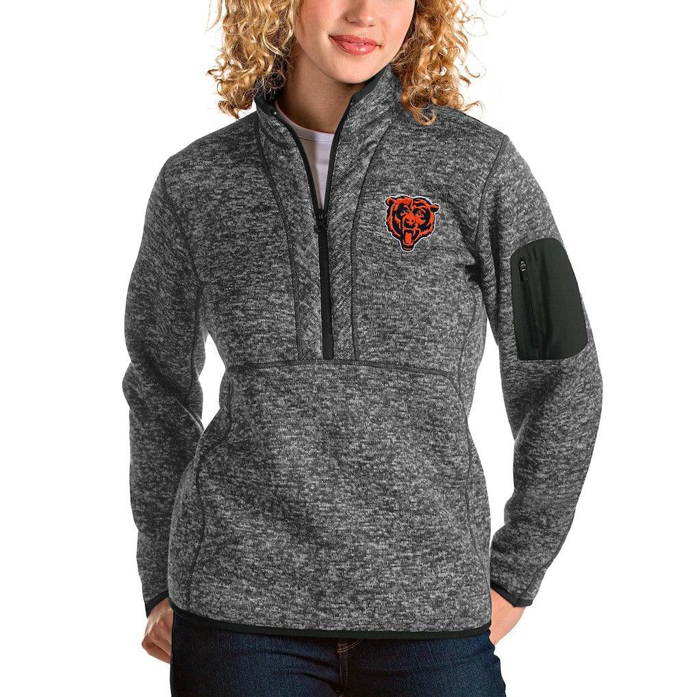Chicago Bears Antigua Women's Bear Head Fortune Half-Zip Pullover Jacket Heather Charcoal | NFL