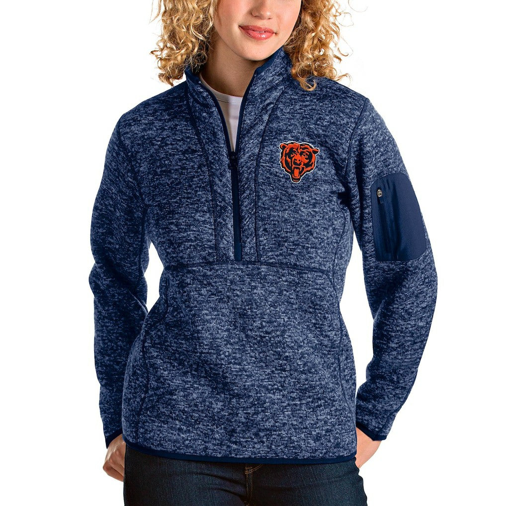 Chicago Bears Antigua Women's Bear Head Fortune Half-Zip Pullover Jacket Heather Navy | NFL