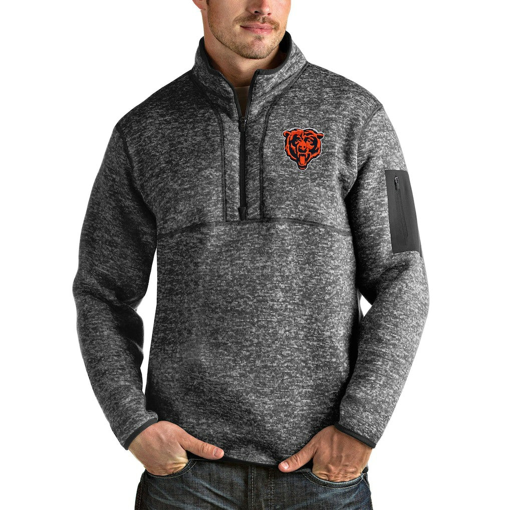 Chicago Bears Antigua Bear Head Fortune Quarter-Zip Pullover Jacket Heathered Charcoal | NFL