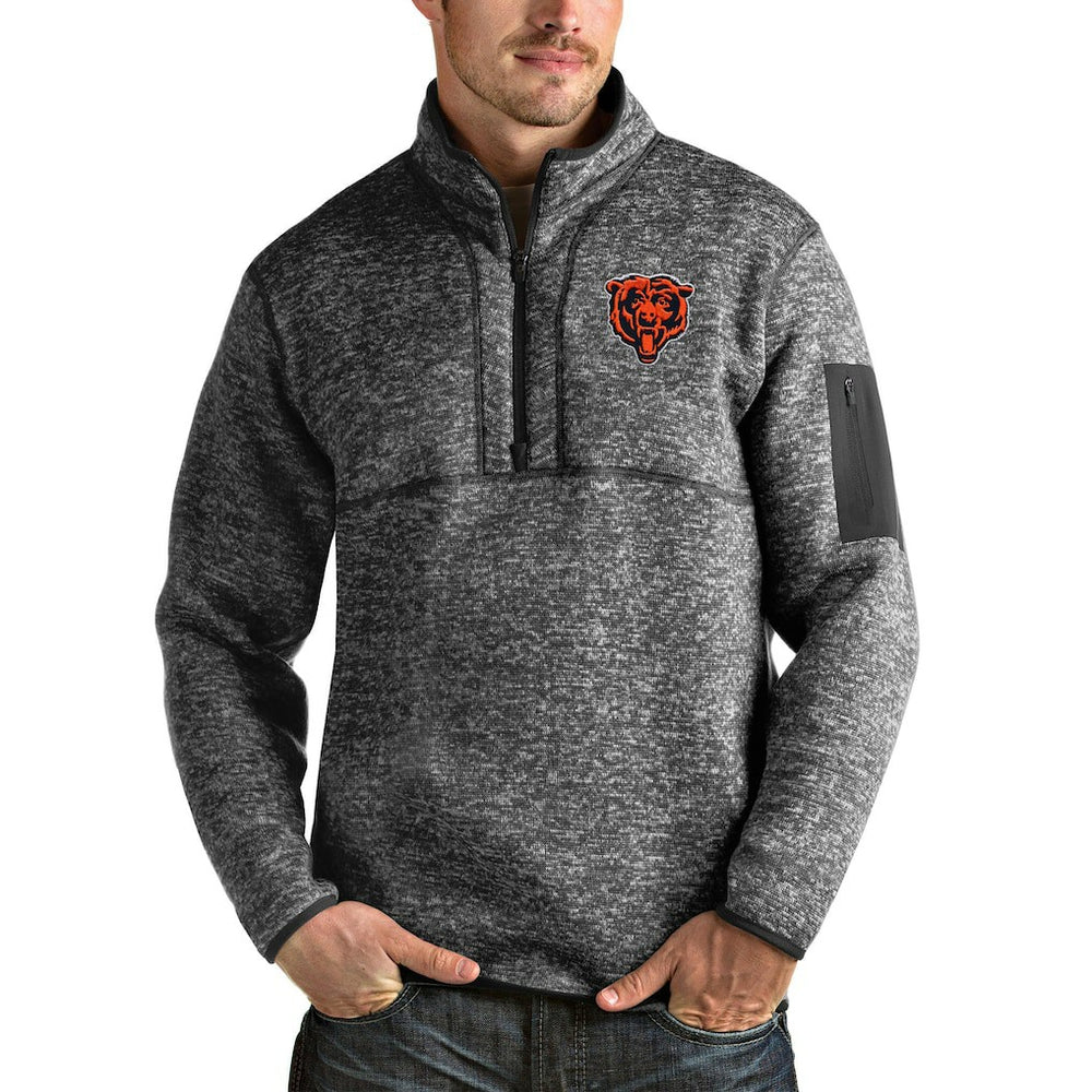 Chicago Bears Antigua Bear Head Fortune Quarter-Zip Pullover Jacket Heathered Charcoal | NFL