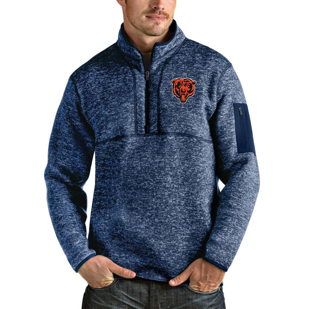 Chicago Bears Antigua Bear Head Fortune Quarter-Zip Pullover Jacket Heather Navy | NFL
