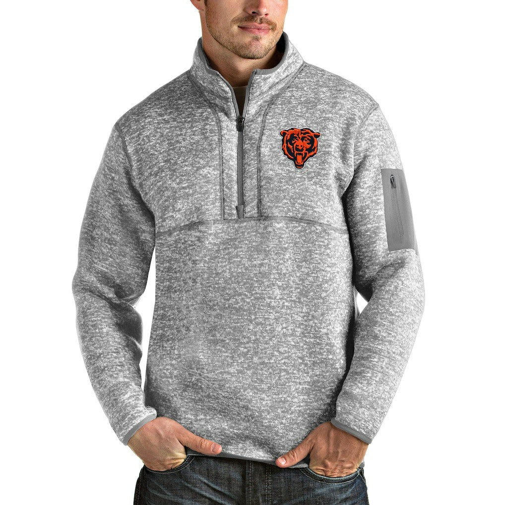 Chicago Bears Antigua Bear Head Fortune Quarter-Zip Pullover Jacket Heather Gray | NFL