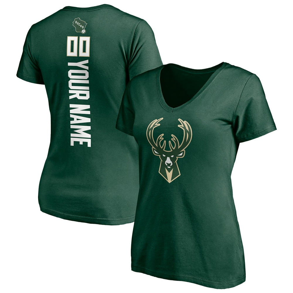 Milwaukee Bucks Women's Playmaker Personalized Name & Number V-Neck T-Shirt Hunter Green - NBA