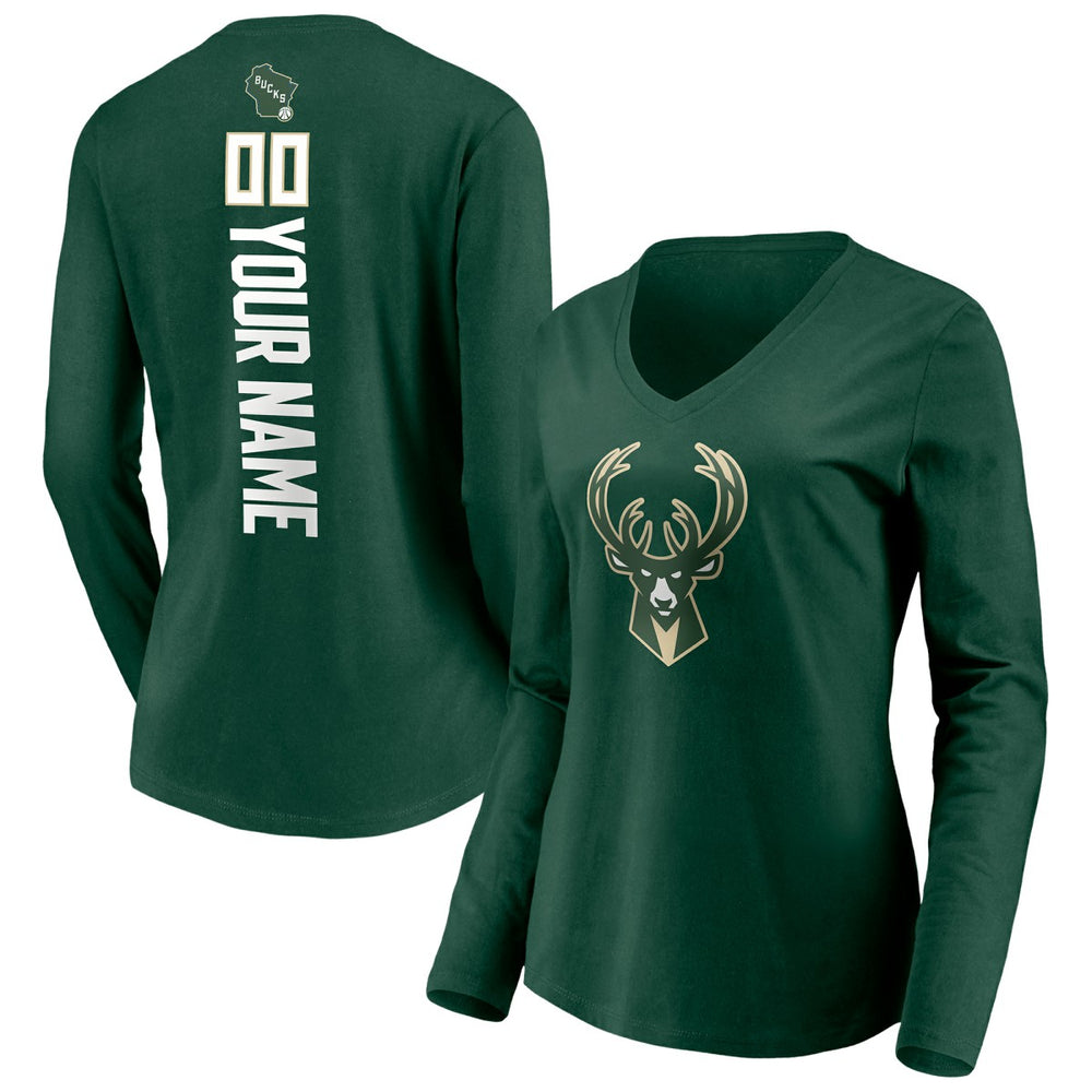Milwaukee Bucks Women's Playmaker Personalized Name & Number Long Sleeve V-Neck T-Shirt Hunter Green - NBA