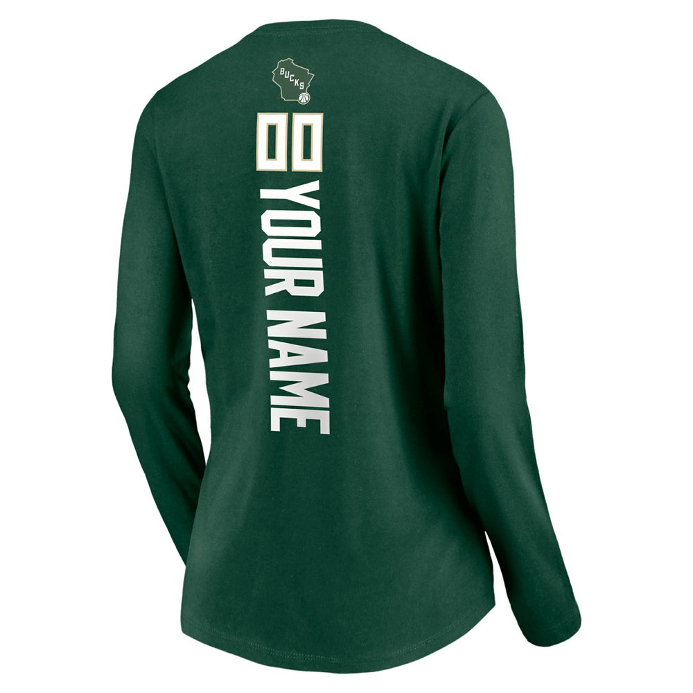 Milwaukee Bucks Women's Playmaker Personalized Name & Number Long Sleeve V-Neck T-Shirt Hunter Green - NBA