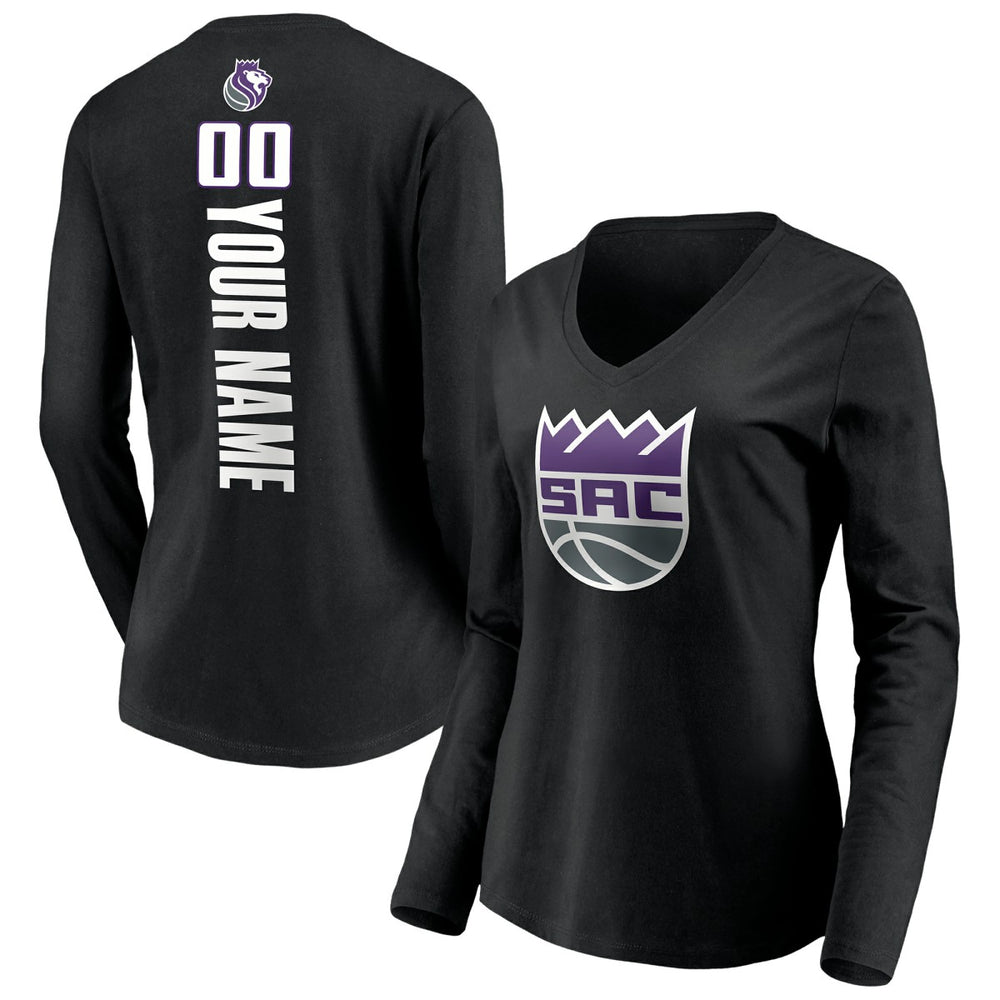 Sacramento Kings Women's Playmaker Personalized Name & Number Long Sleeve V-Neck T-Shirt Black - NBA