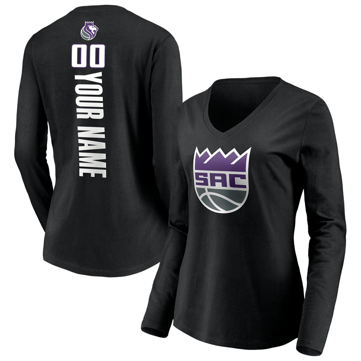 Sacramento Kings Women's Playmaker Personalized Name & Number Long Sleeve V-Neck T-Shirt Black - NBA