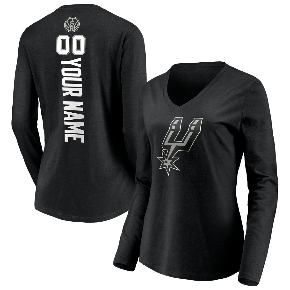 San Antonio Spurs Women's Playmaker Personalized Name & Number Long Sleeve V-Neck T-Shirt Black - NBA