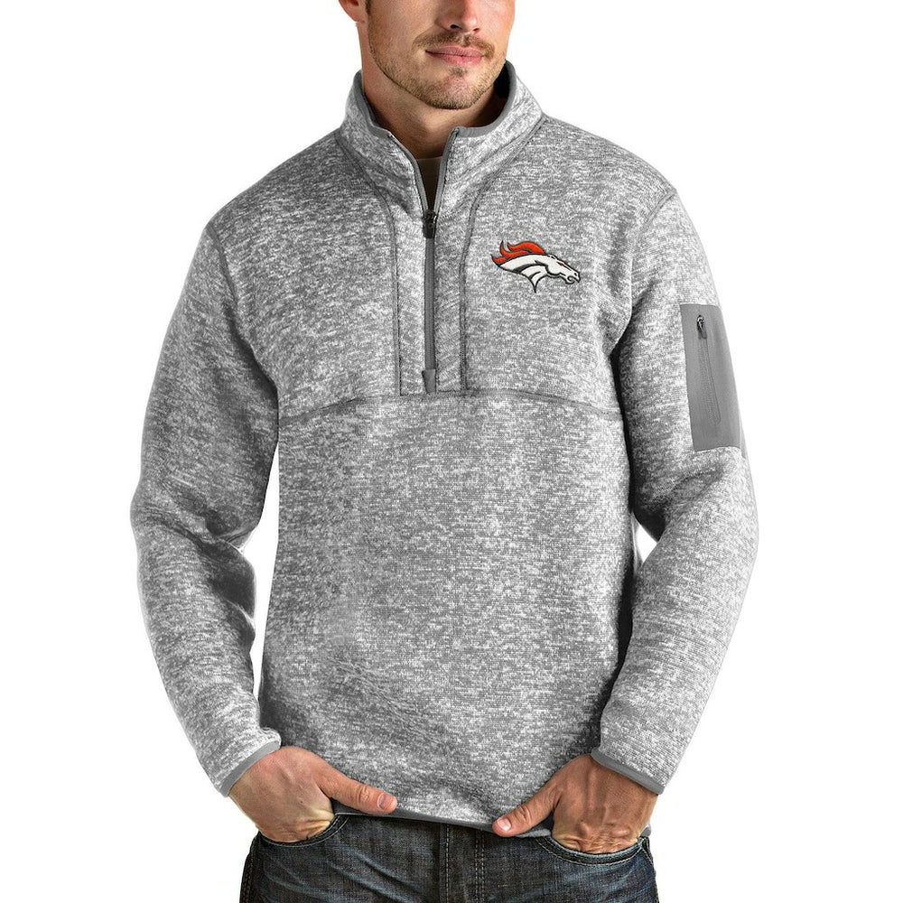 Denver Broncos Antigua Team Logo Fortune Quarter-Zip Pullover Jacket Heather Gray | NFL