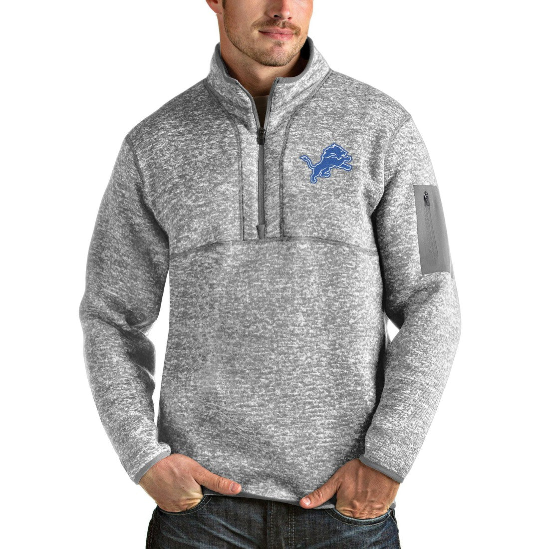 Detroit Lions Antigua Team Logo Fortune Quarter-Zip Pullover Jacket Heather Gray | NFL