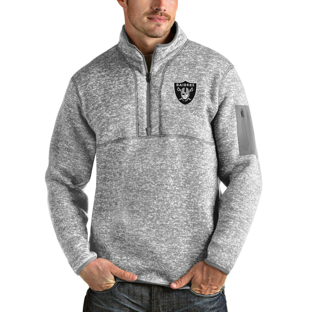 Las Vegas Raiders Antigua Team Logo Fortune Quarter-Zip Pullover Jacket Heather Gray | NFL