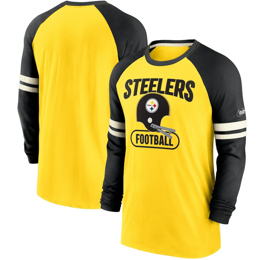 Pittsburgh Steelers Throwback Raglan Long Sleeve T-Shirt Gold/Black | Nike for Sale