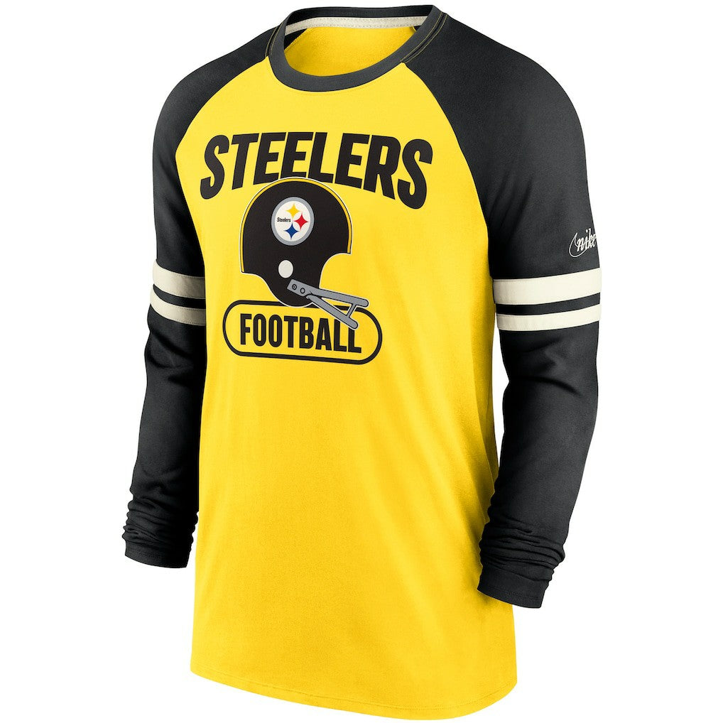 Pittsburgh Steelers Throwback Raglan Long Sleeve T-Shirt Gold/Black | Nike for Sale