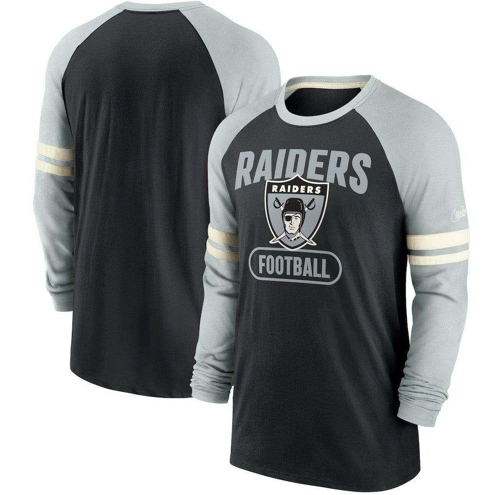 Las Vegas Raiders Throwback Raglan Long Sleeve T-Shirt Black/Silver | Nike for Sale