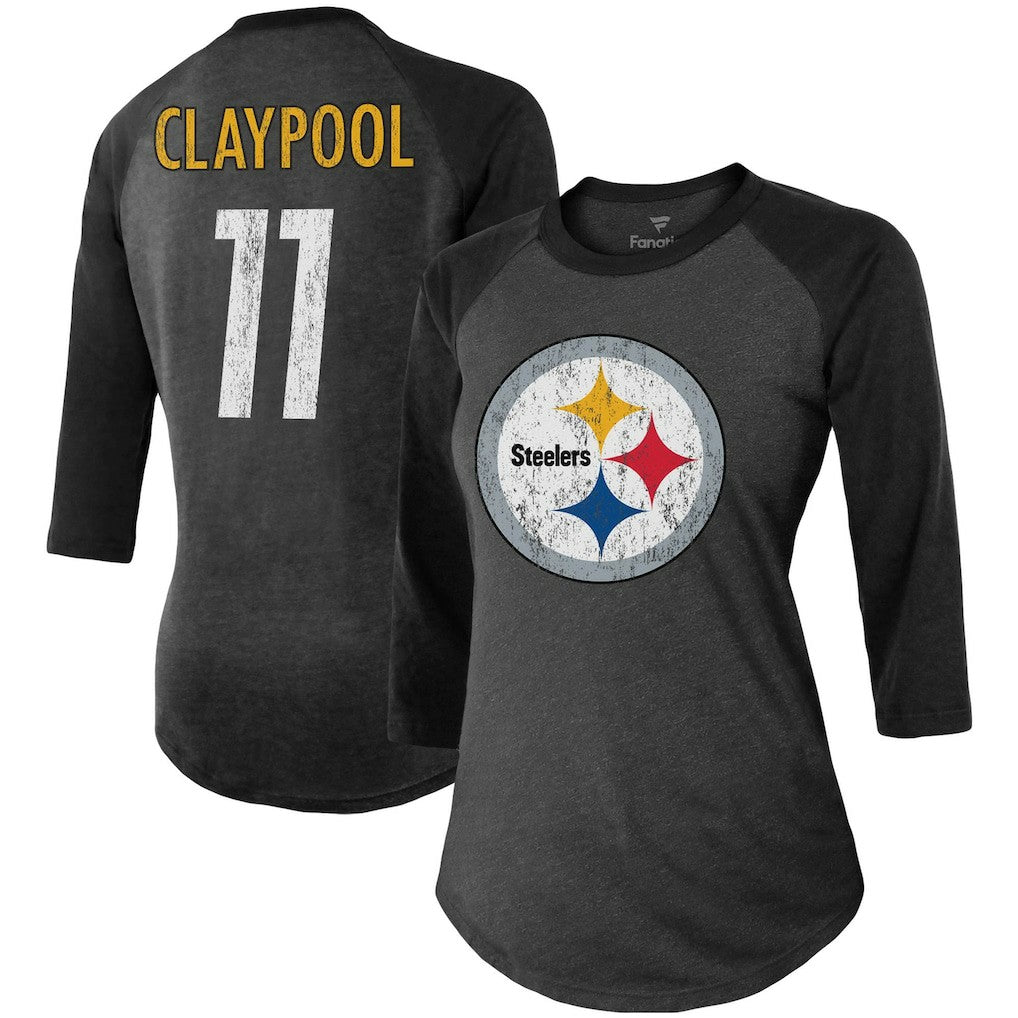 Chase Claypool Pittsburgh Steelers Women's Team Player Name & Number Tri-Blend Raglan 3/4-Sleeve T-Shirt Black | Fanatics