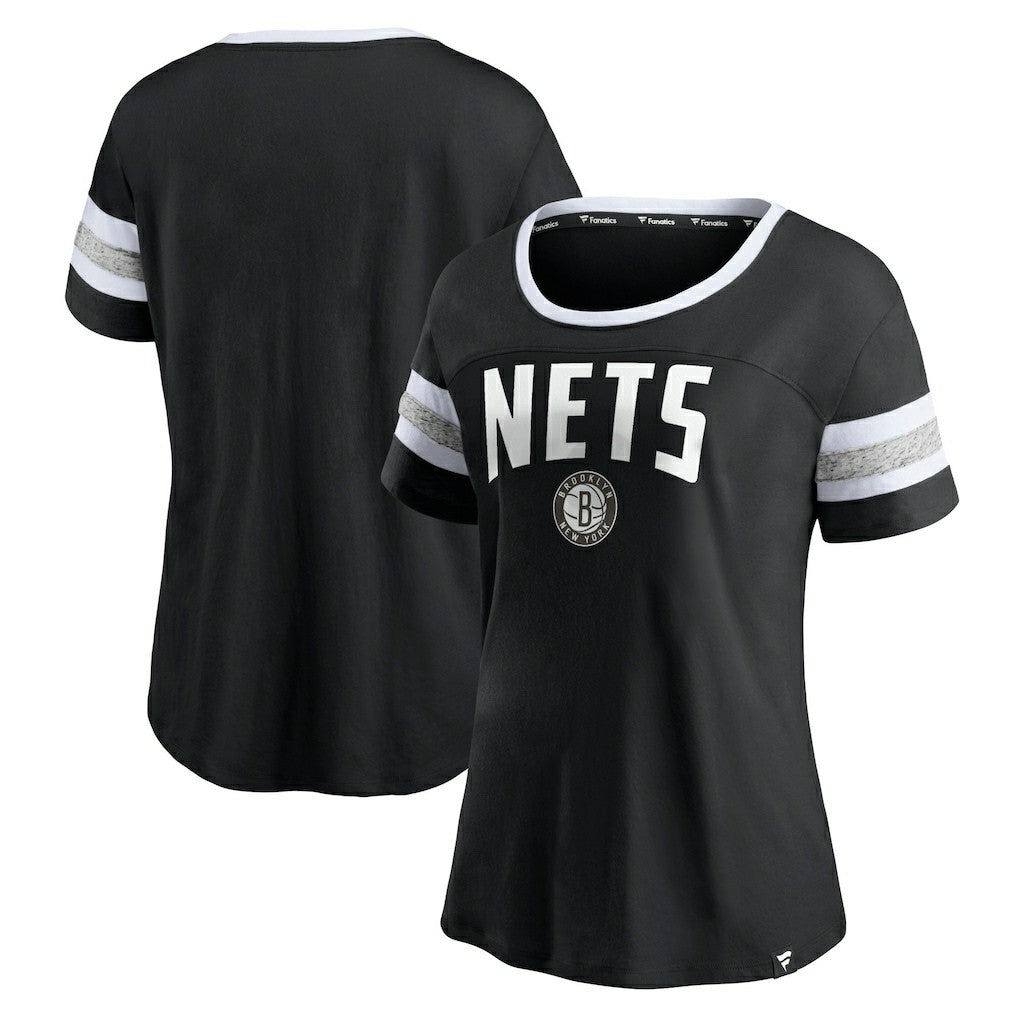 Brooklyn Nets Women's Block Party Striped Sleeve T-Shirt Black/Heathered Gray - NBA