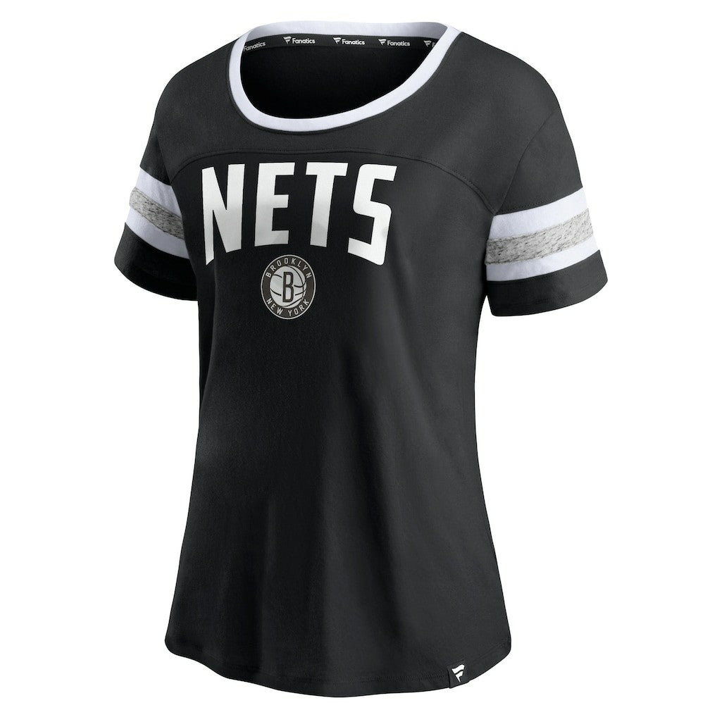 Brooklyn Nets Women's Block Party Striped Sleeve T-Shirt Black/Heathered Gray - NBA