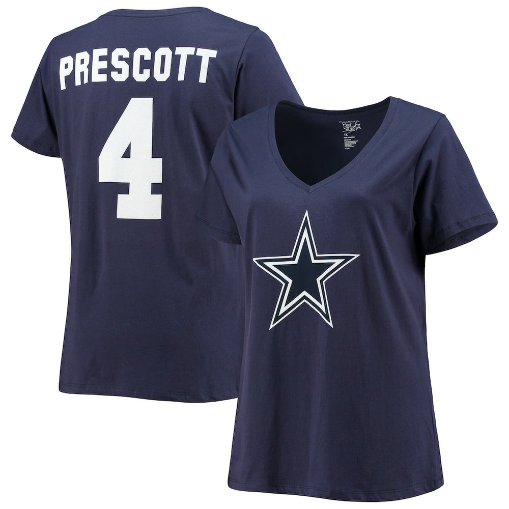 Dak Prescott Dallas Cowboys Women's Plus Size Fair Catch Name & Number V-Neck T-Shirt Navy | NFL