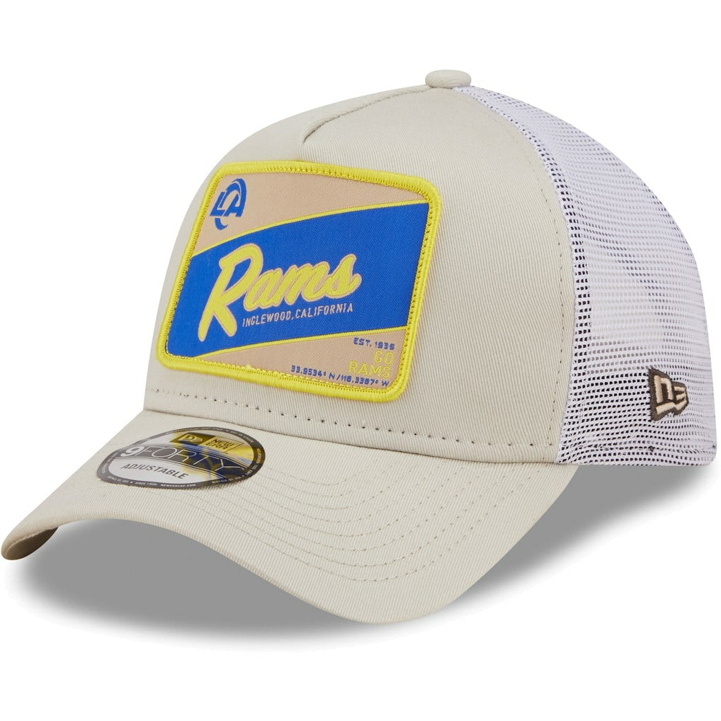 Los Angeles Rams New Era Happy Camper A-Frame Trucker 9FORTY Snapback Hat Khaki/White | NFL