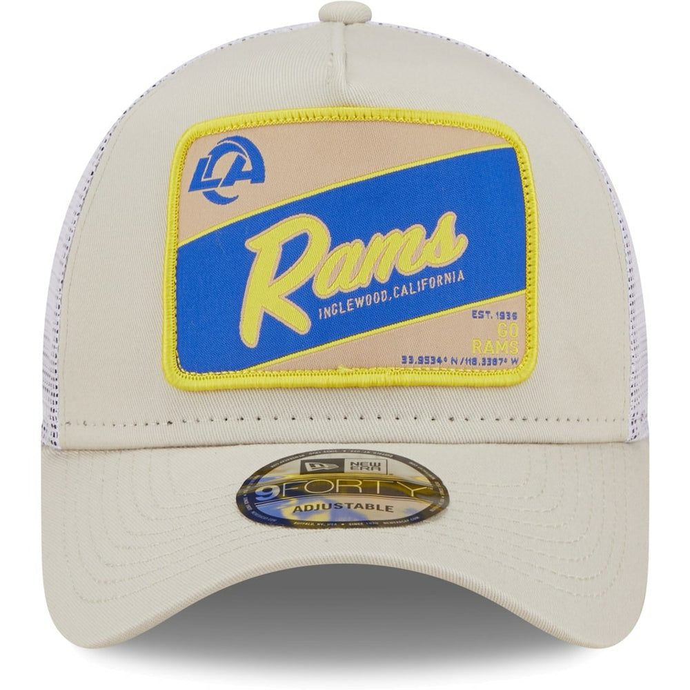 Los Angeles Rams New Era Happy Camper A-Frame Trucker 9FORTY Snapback Hat Khaki/White | NFL