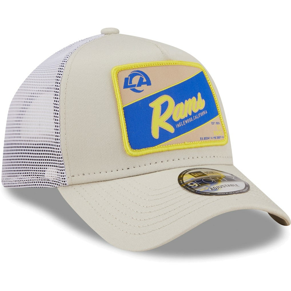 Los Angeles Rams New Era Happy Camper A-Frame Trucker 9FORTY Snapback Hat Khaki/White | NFL
