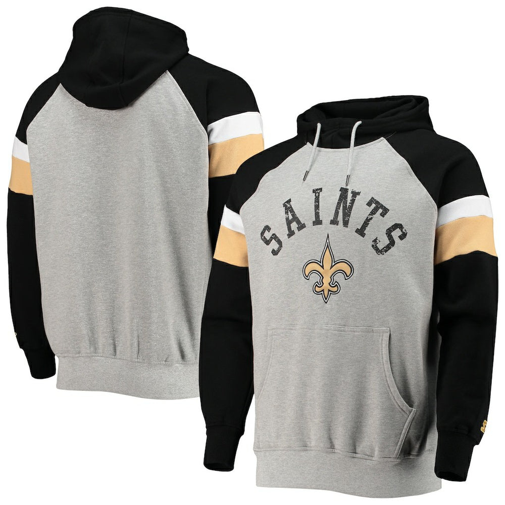 New Orleans Saints Starter Home Run Raglan Pullover Hoodie Heathered Gray/Black | NFL